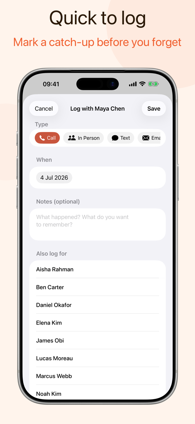 NextCall — logging a catch-up